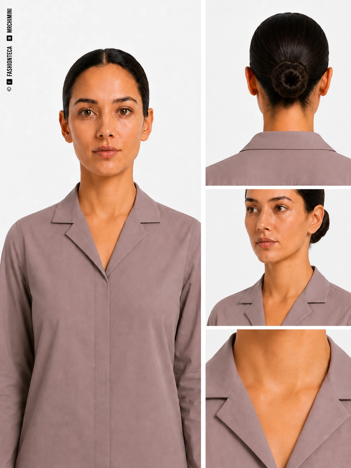 CUELLO CAMP O CUBANO en color malva grisáceo corporativo, con vista frontal principal, vista posterior o funcional, vista tres cuartos y macro técnico sobre fondo blanco.