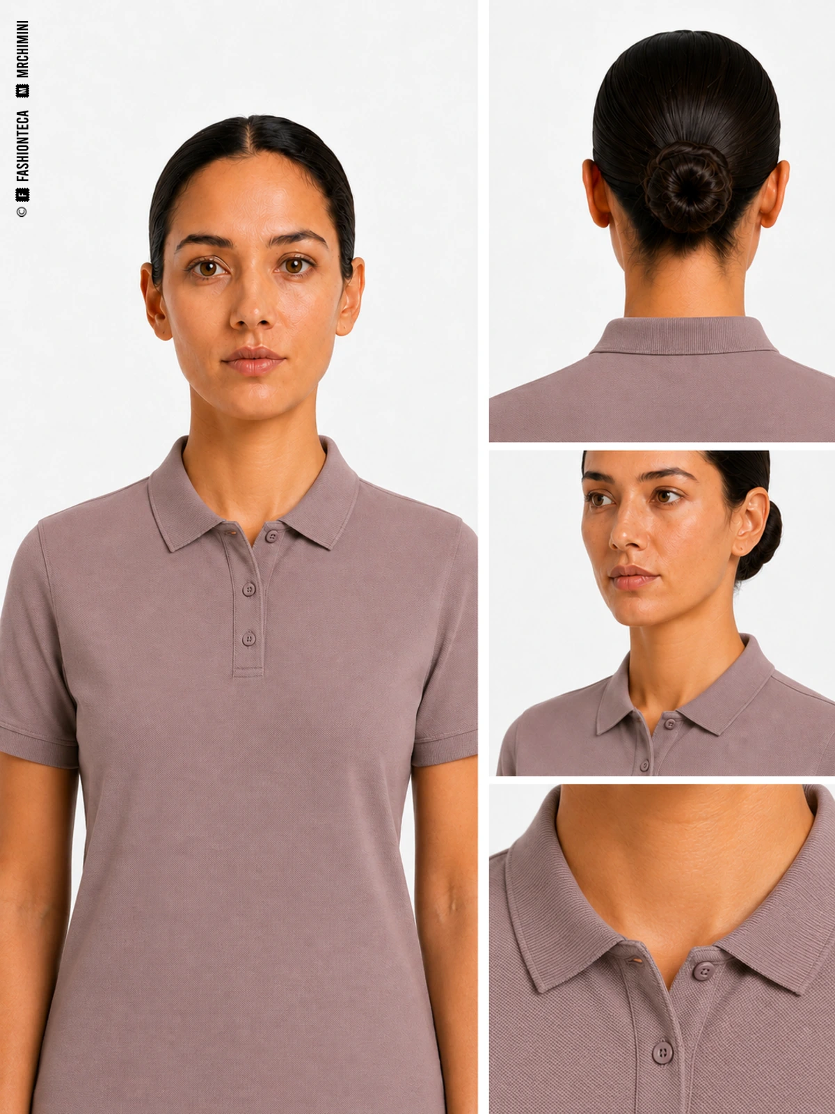 CUELLO POLO en color malva grisáceo corporativo, con vista frontal principal, vista posterior o funcional, vista tres cuartos y macro técnico sobre fondo blanco.