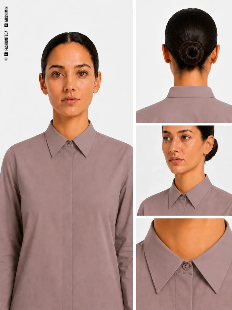 CUELLO INGLÉS en color malva grisáceo corporativo, con vista frontal principal, vista posterior o funcional, vista tres cuartos y macro técnico sobre fondo blanco.