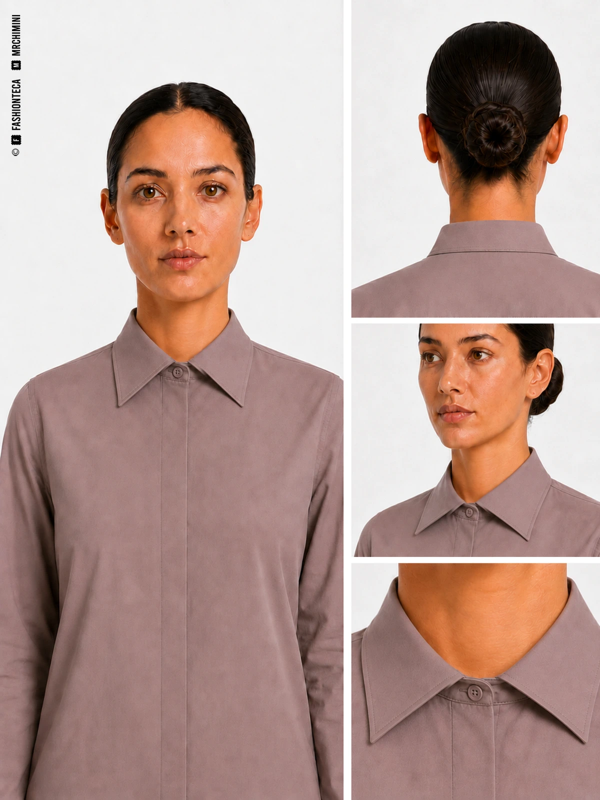 CUELLO ITALIANO en color malva grisáceo corporativo, con vista frontal principal, vista posterior o funcional, vista tres cuartos y macro técnico sobre fondo blanco.