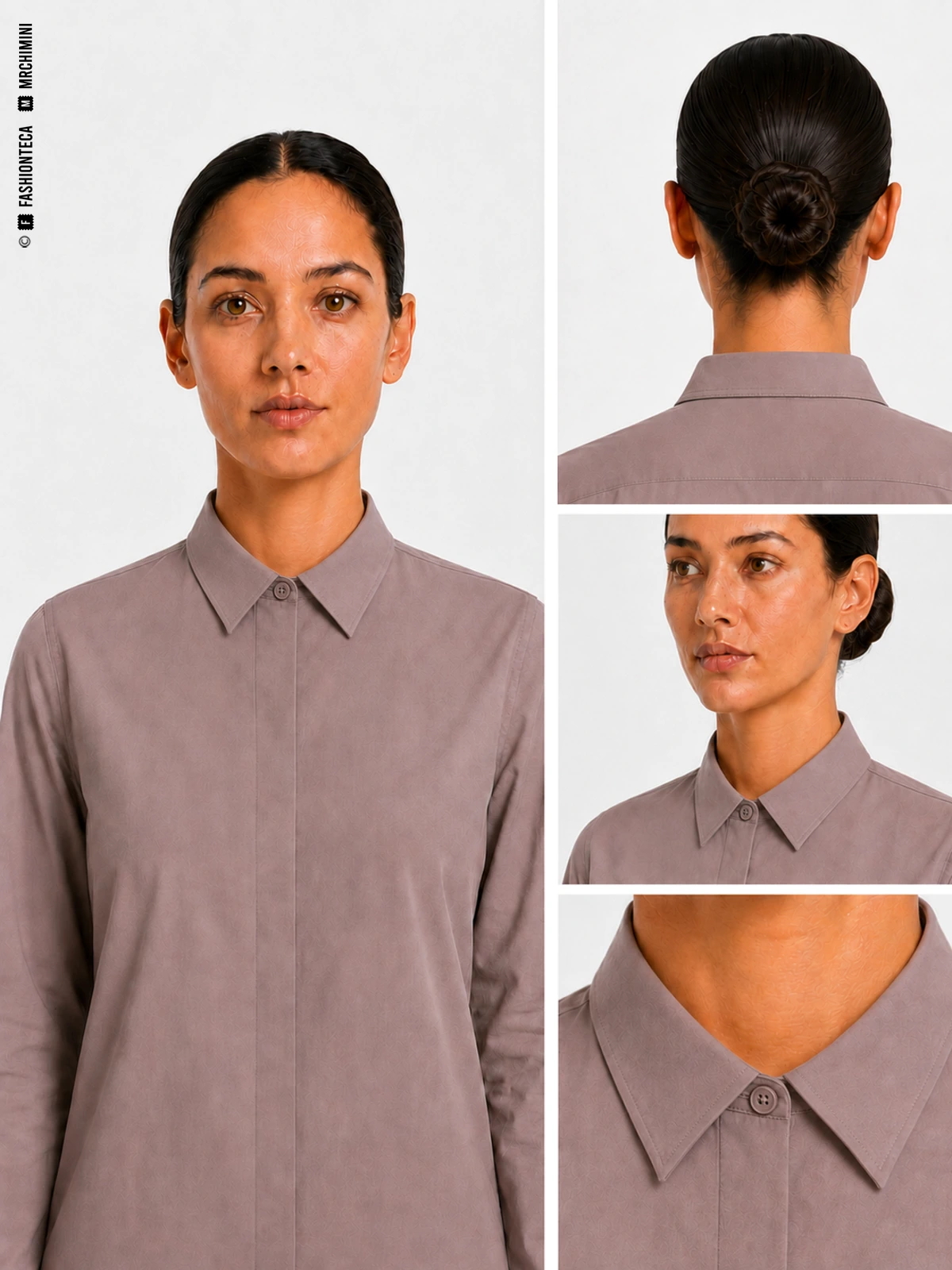 CUELLO SEMIABIERTO en color malva grisáceo corporativo, con vista frontal principal, vista posterior o funcional, vista tres cuartos y macro técnico sobre fondo blanco.