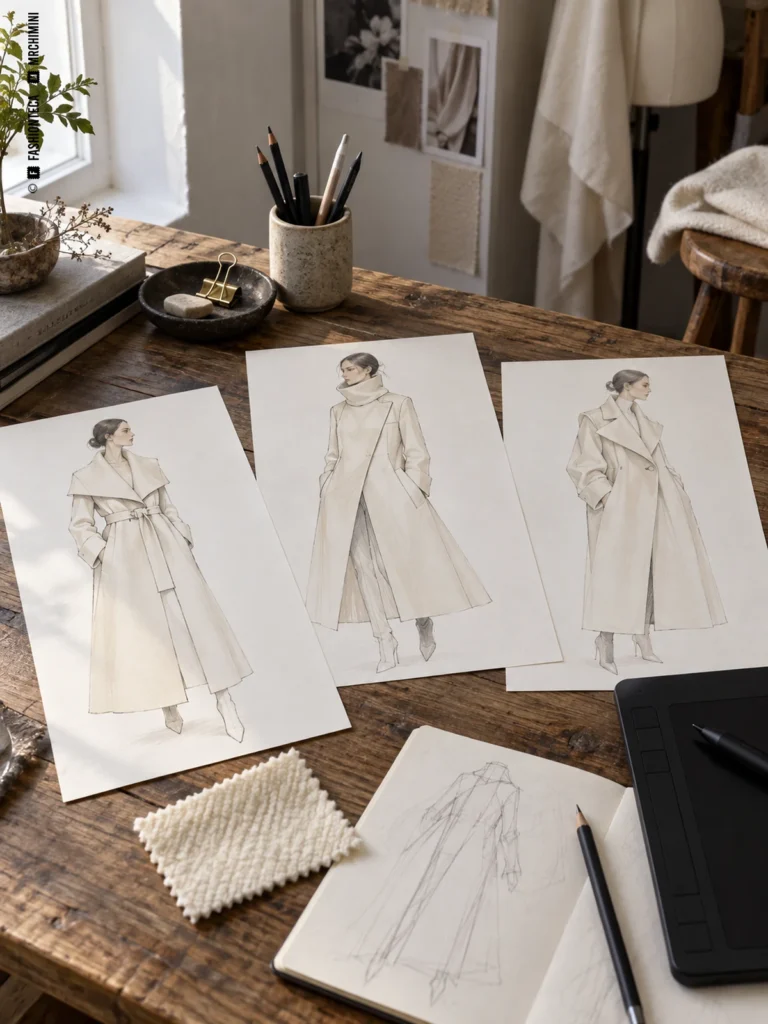 Tres propuestas ilustradas de abrigos claros junto a una muestra de lana, un boceto y una tableta gráfica.