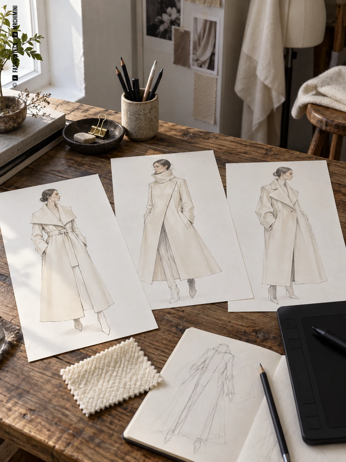 Tres propuestas ilustradas de abrigos claros junto a una muestra de lana, un boceto y una tableta gráfica.