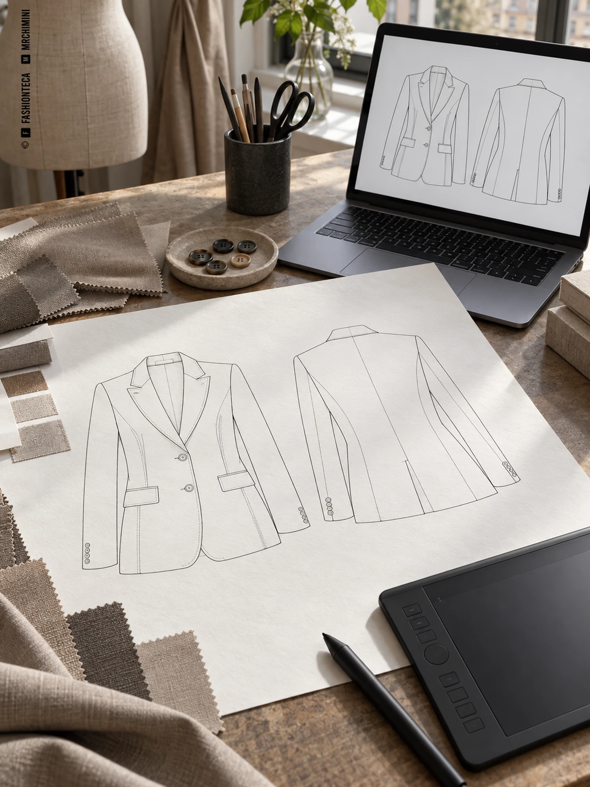 Dibujos de frente y espalda de una chaqueta junto a una tableta gráfica, botones y muestras de tejido.