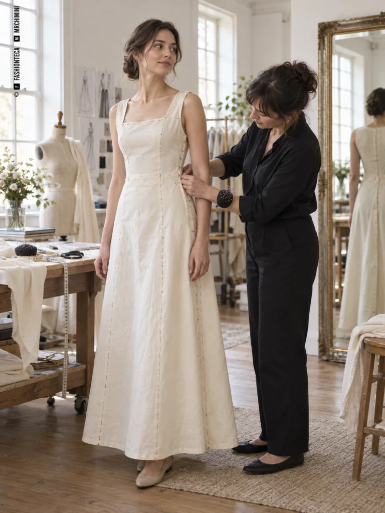 Una modista ajusta el costado de una toile de vestido largo sobre una clienta durante una prueba en el atelier.