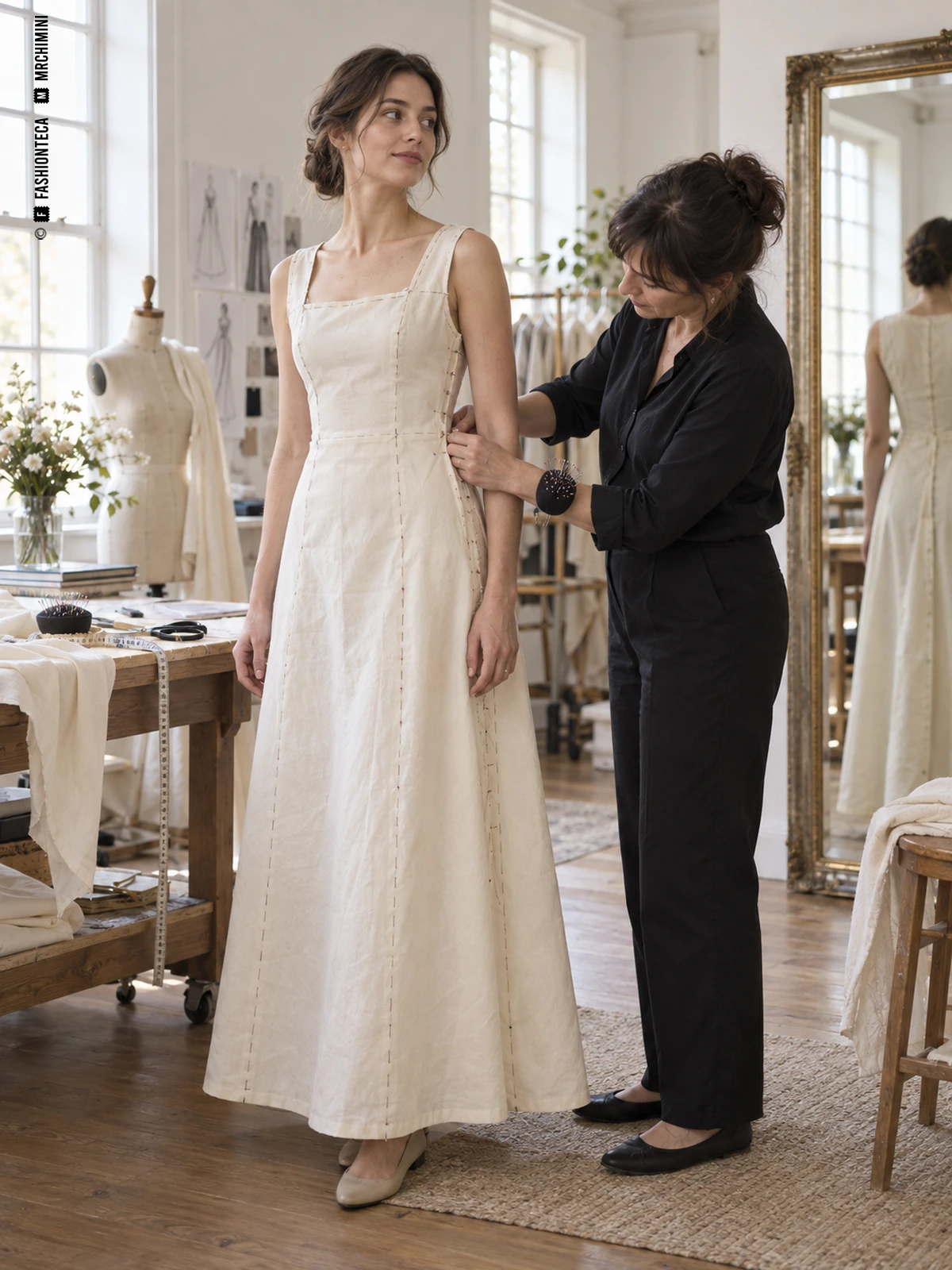 Una modista ajusta el costado de una toile de vestido largo sobre una clienta durante una prueba en el atelier.