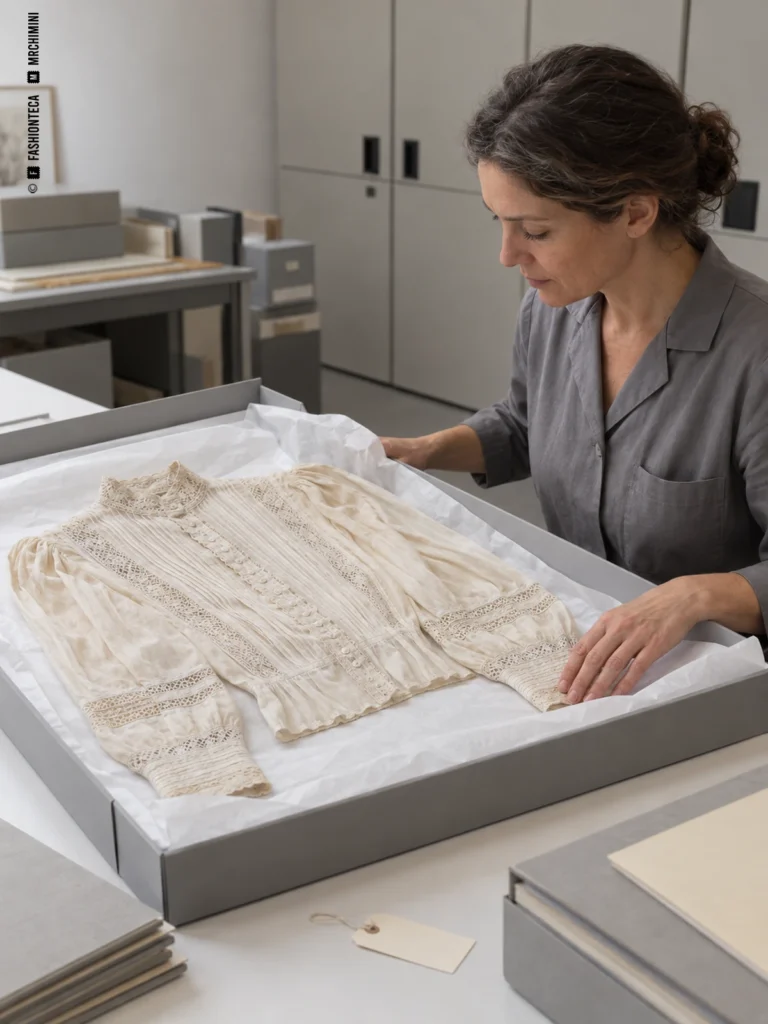 Profesional examina una blusa apoyada sobre papel de conservación en una caja de archivo textil.