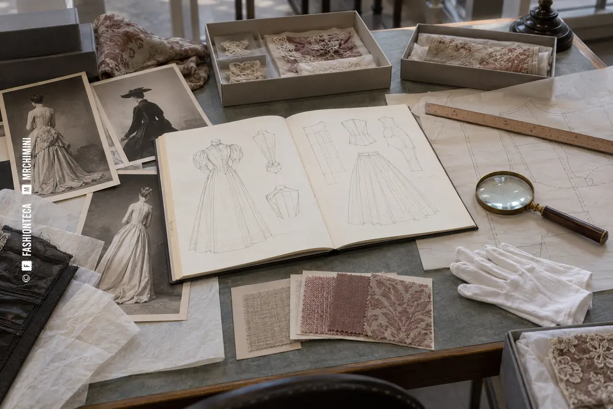 Mesa de archivo con dibujos de indumentaria, patrones, fotografías y muestras textiles