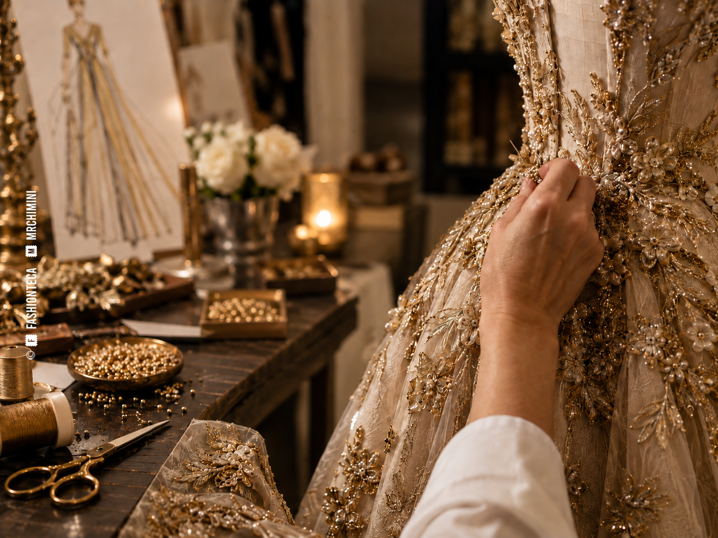 Una mano trabaja sobre el bordado dorado de un vestido junto a herramientas y materiales de atelier.