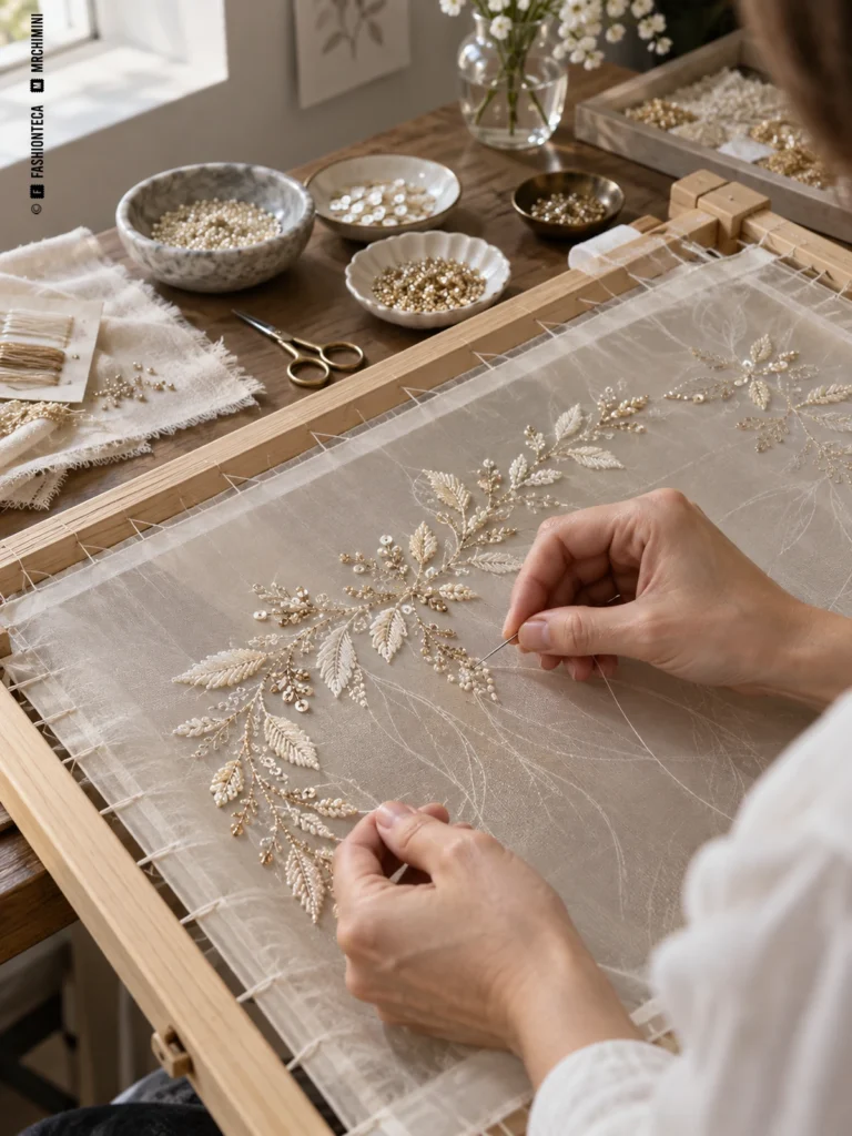 Manos de una bordadora trabajan un motivo vegetal con cuentas claras e hilo sobre organza tensada en un bastidor rectangular.