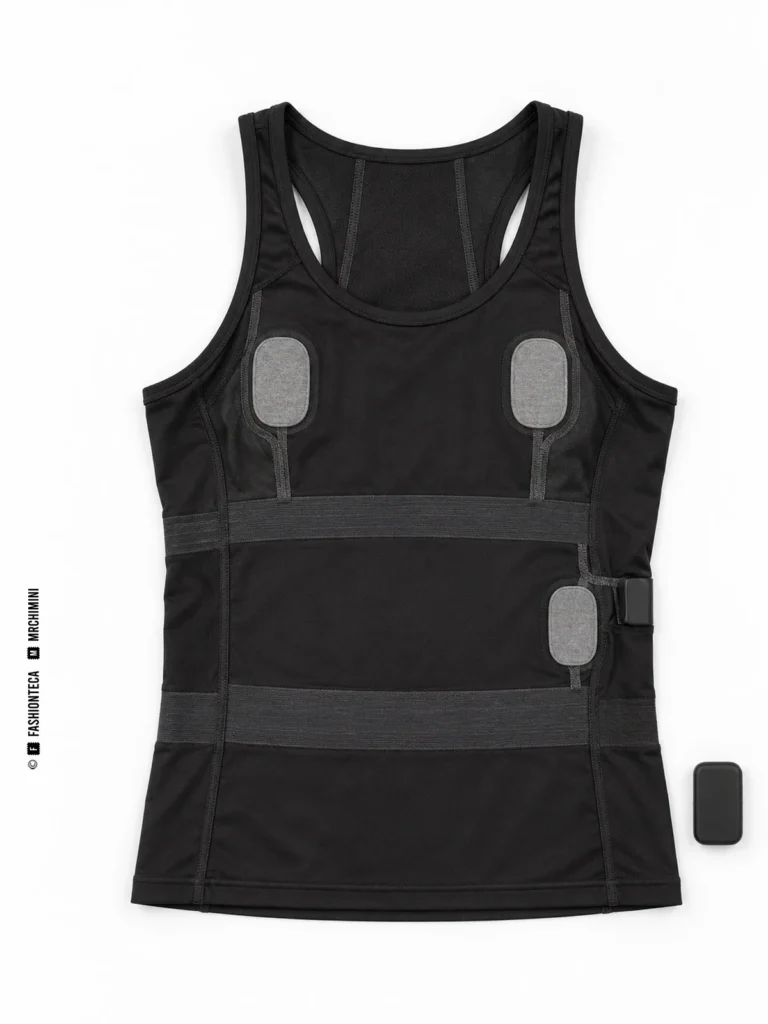 Interior de una camiseta sensorizada con electrodos textiles, bandas y un módulo separado.