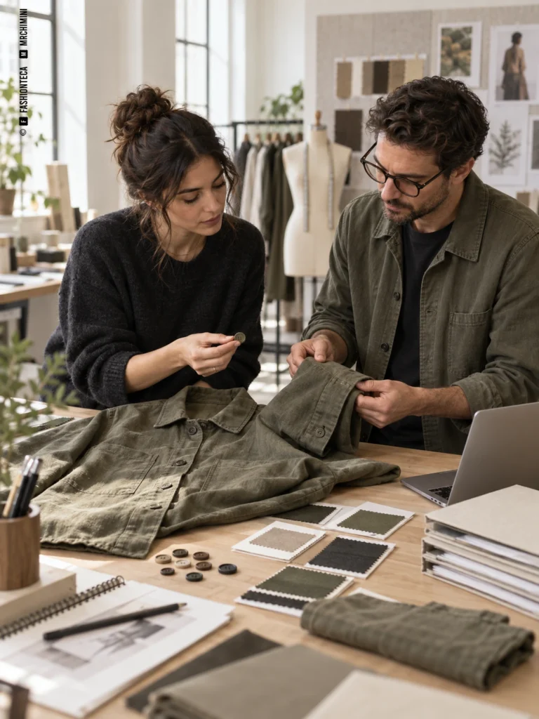 Dos profesionales revisan una sobrecamisa y comparan botones y muestras de tejido sobre una mesa de desarrollo.