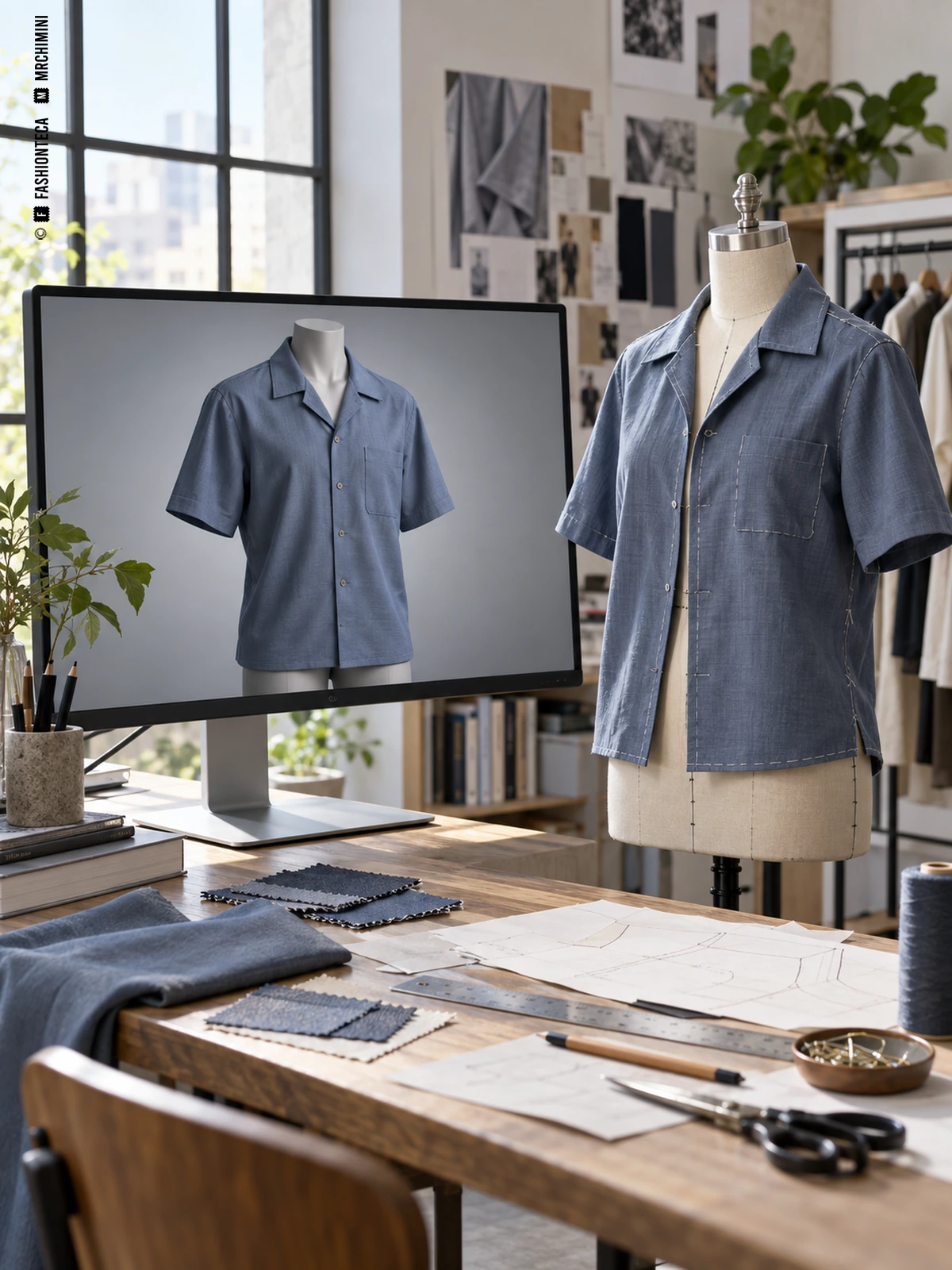 Representación digital de una camisa azul junto a una muestra física sobre un maniquí y piezas de patrón.