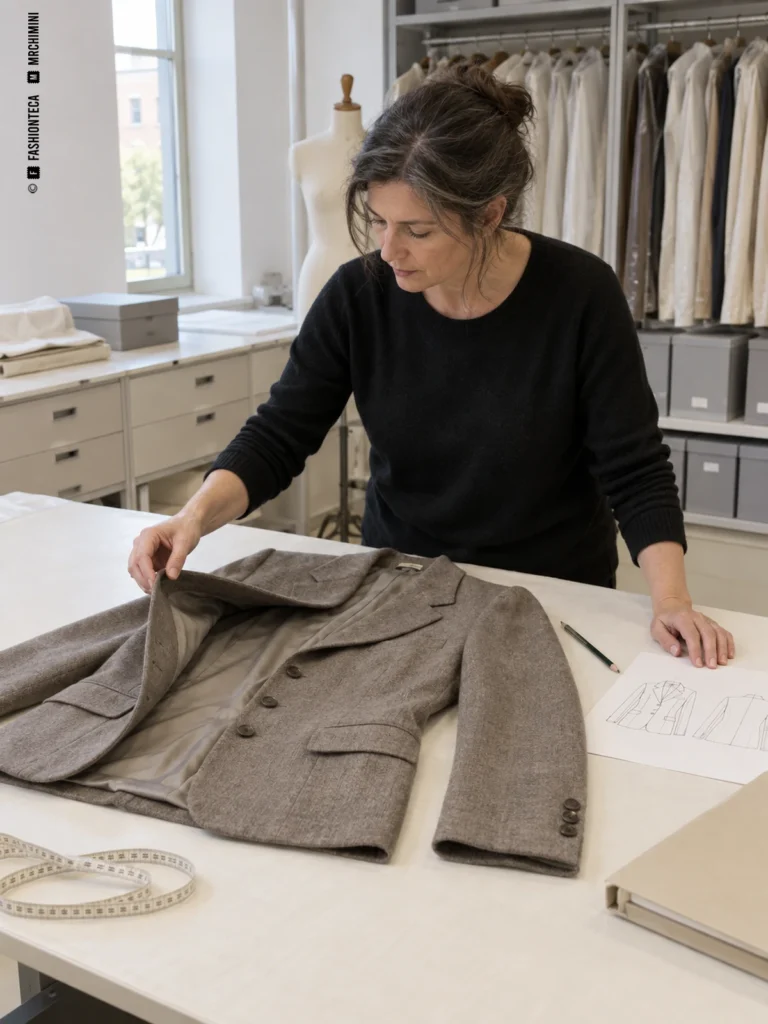 Una investigadora examina el forro de una chaqueta extendida sobre una mesa, junto a dibujos técnicos y una cinta métrica.