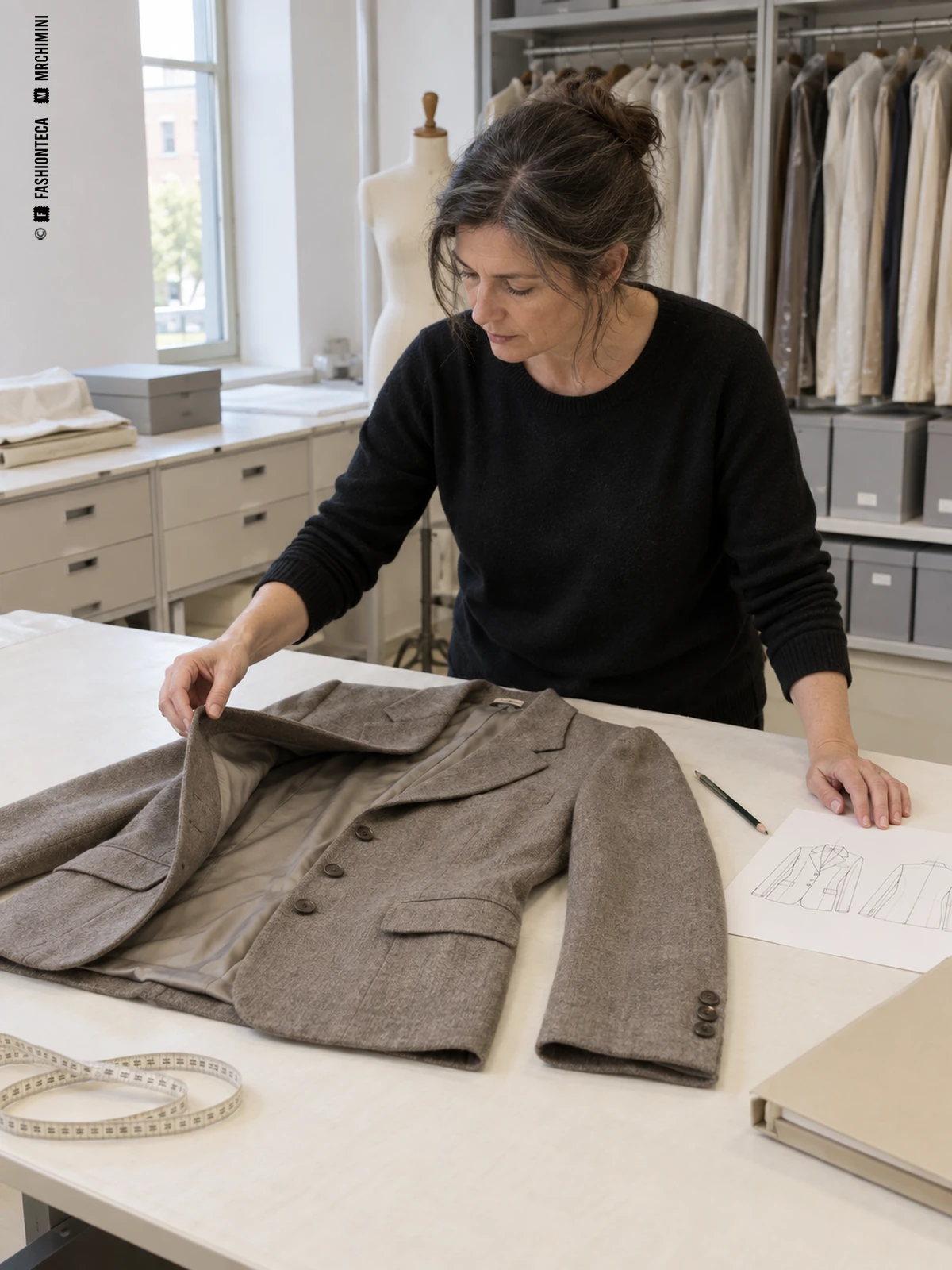 Una investigadora examina el forro de una chaqueta extendida sobre una mesa, junto a dibujos técnicos y una cinta métrica.