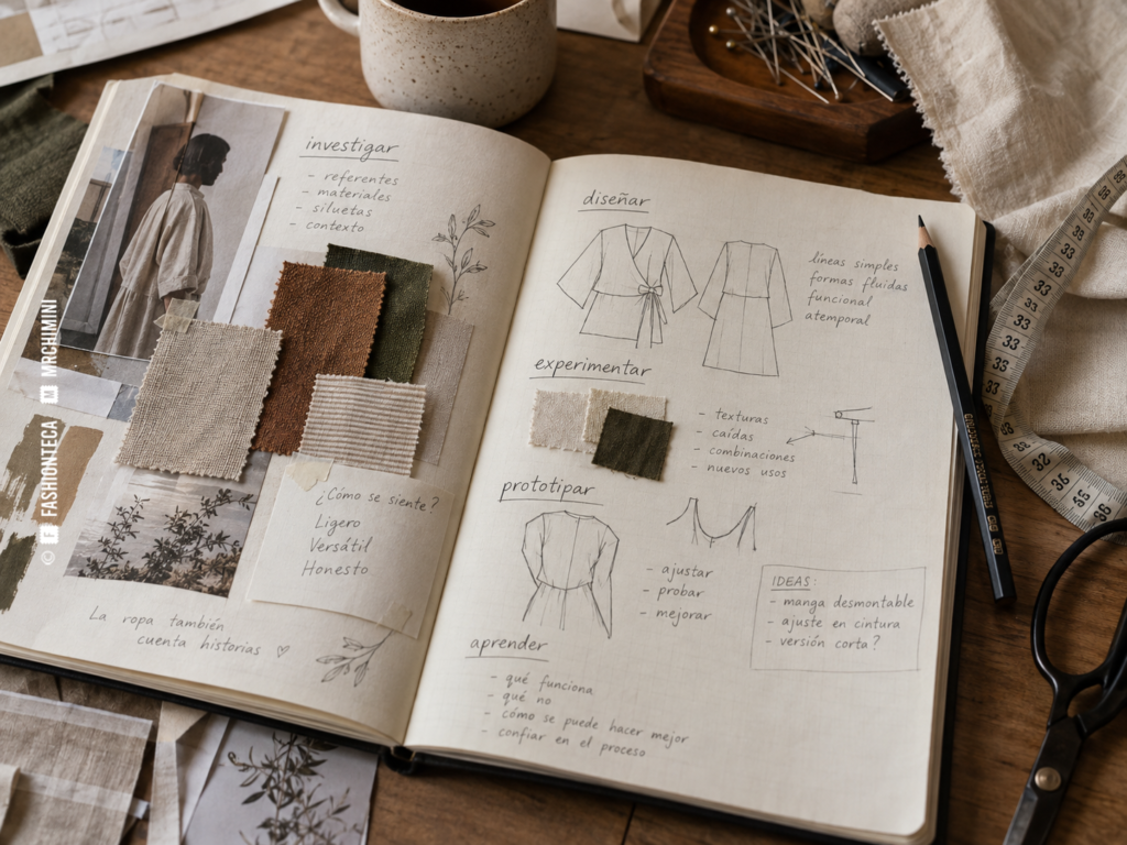 Cuaderno abierto con bocetos de prendas, notas de investigación y muestras textiles.