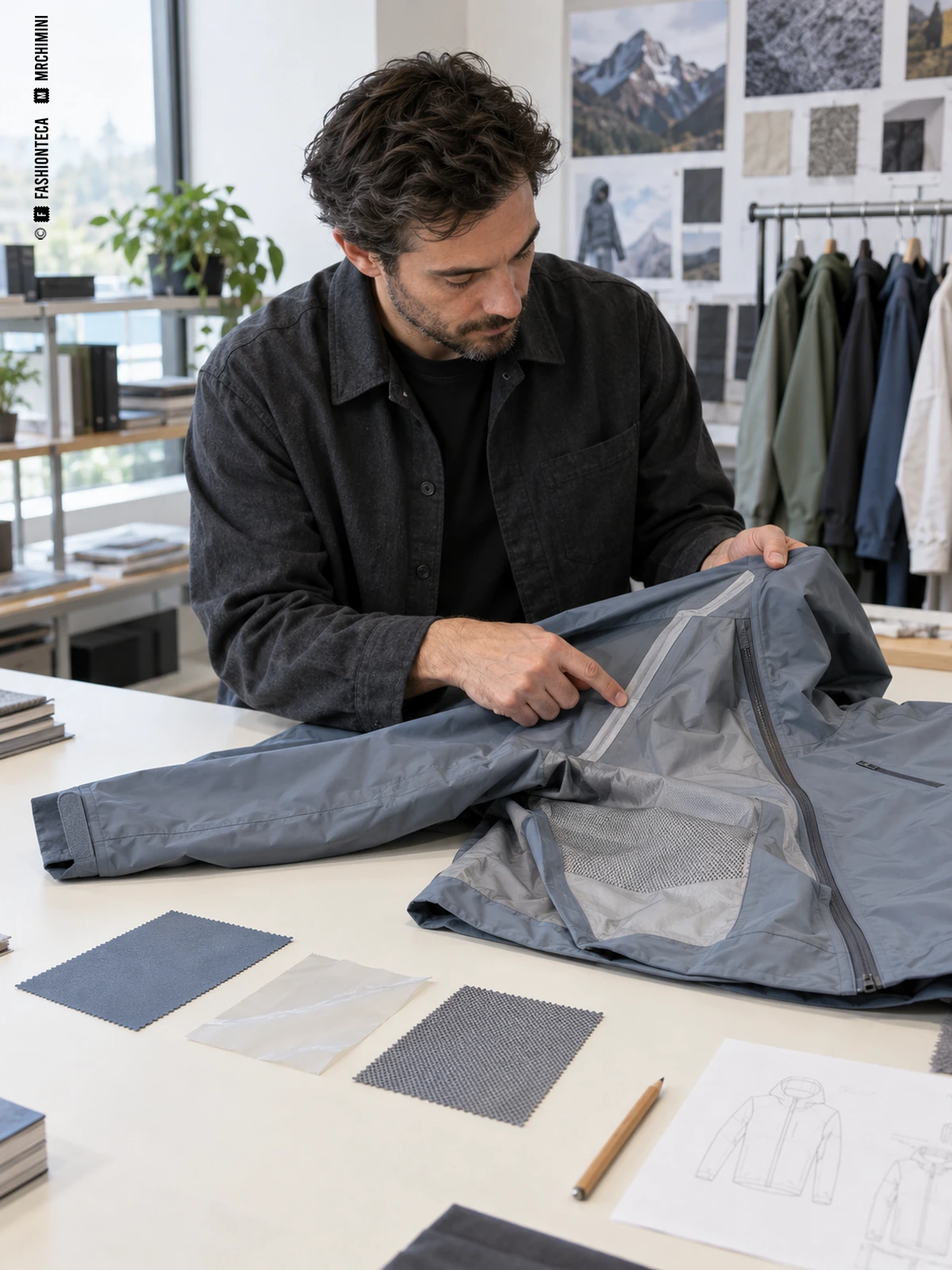 Un técnico examina la costura interior de una chaqueta azul grisácea junto a muestras de tejido exterior, laminado y malla.
