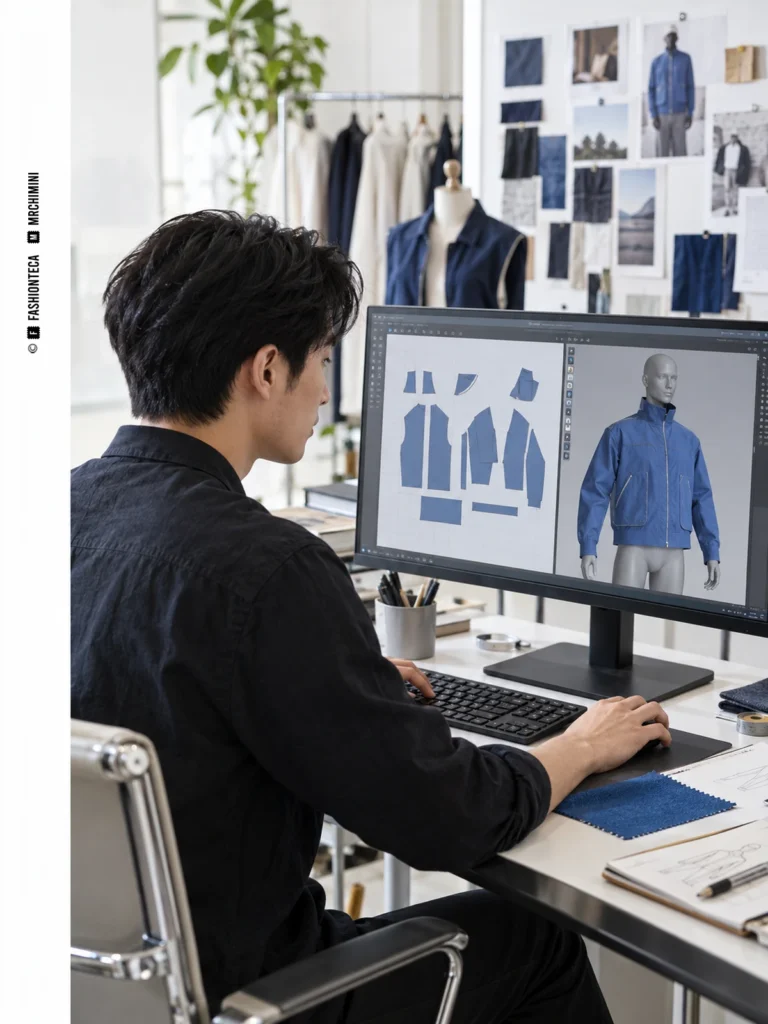 Diseñador de Moda 3D trabajando con piezas de patrón y una chaqueta simulada sobre un avatar digital.