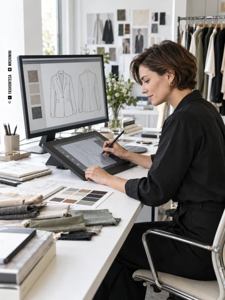 Diseñadora de Moda trabajando con una tableta gráfica, dibujos técnicos de una chaqueta y muestras de tejido.