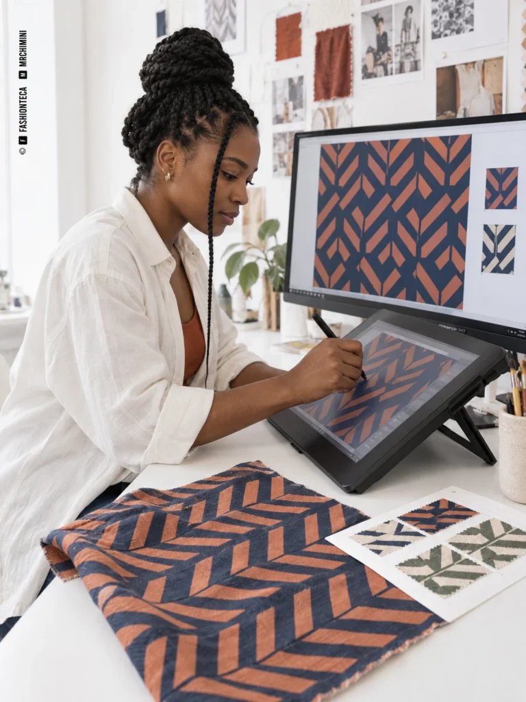 Diseñadora Gráfica Textil revisando un estampado geométrico, sus coloridos y una muestra de tejido.