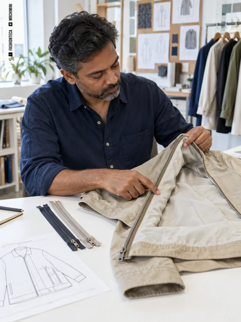 Diseñador examina el acceso al cierre y al forro de una chaqueta junto a cremalleras de recambio.