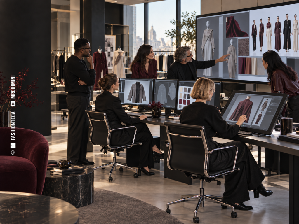 Seis Diseñadores colaboran ante estaciones digitales en el estudio informatizado de una gran marca de Moda.