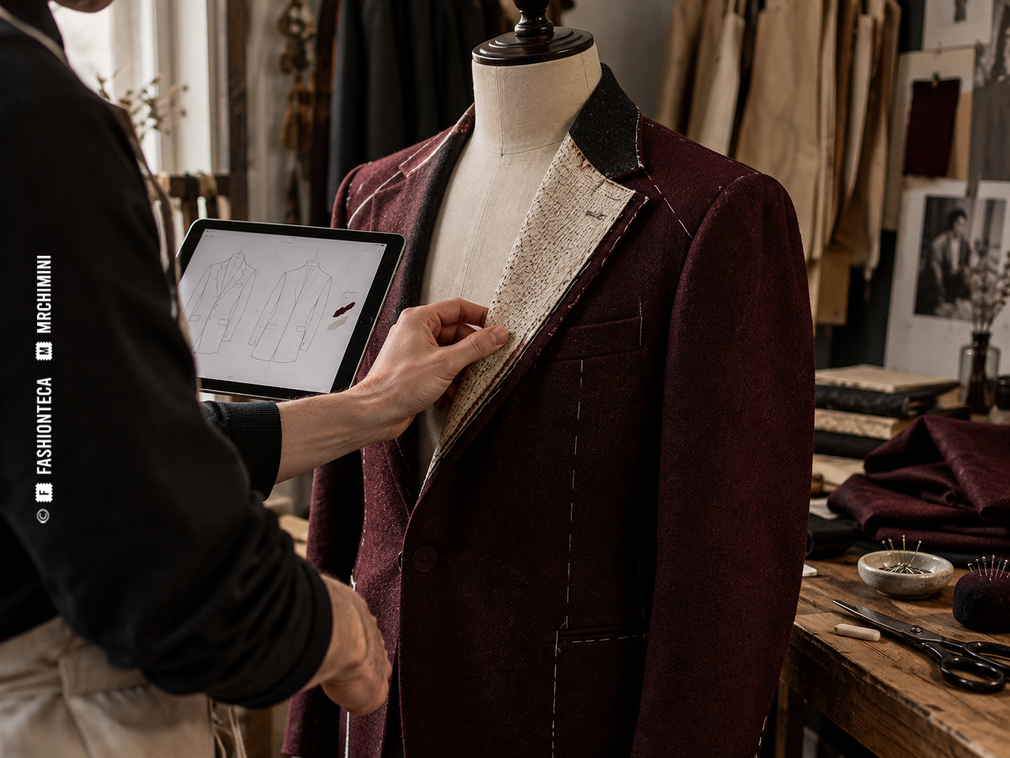Una Diseñadora combina un prototipo digital con el desarrollo de una chaqueta de sastrería sobre maniquí.