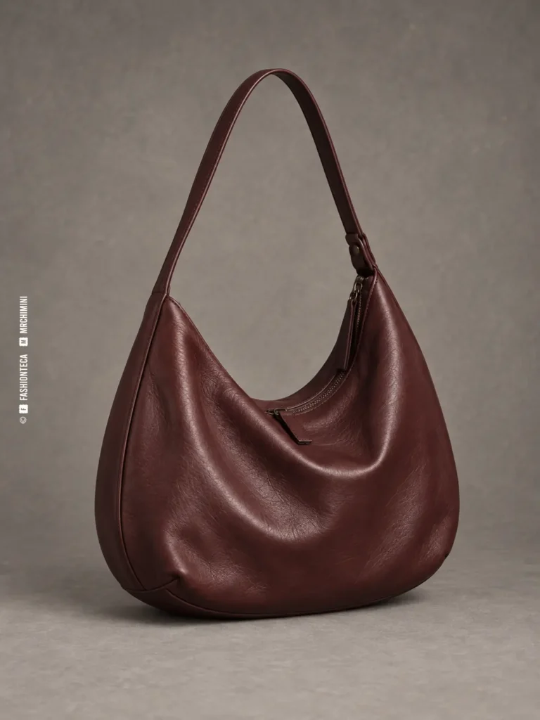 bolso hobo de piel burdeos fotografiado en estudio sobre fondo gris, con asa continua y cuerpo blando en media luna