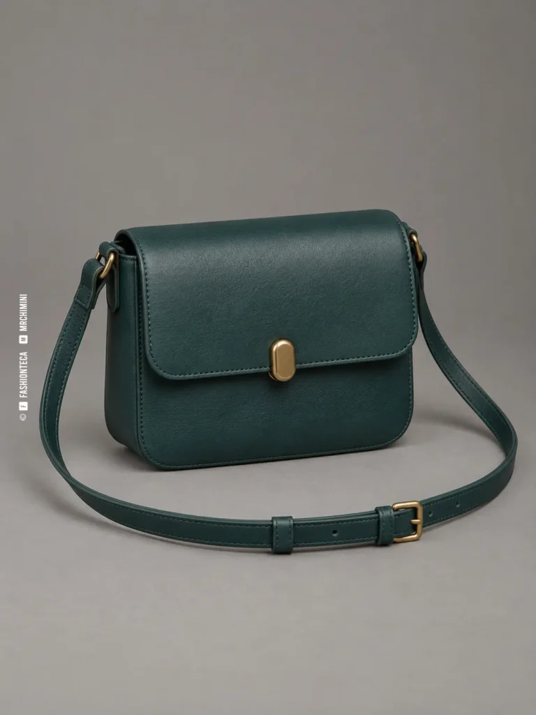 bolso bandolera verde petróleo fotografiado en estudio sobre fondo gris, con solapa, correa larga y hebilla