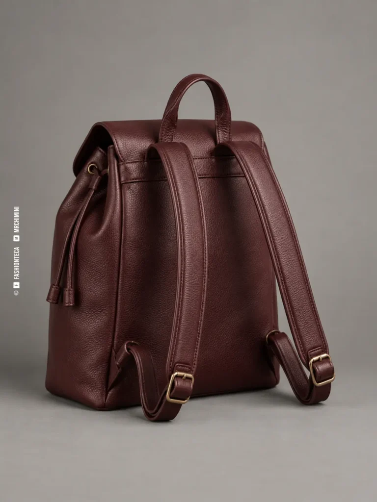 mochila de piel oxblood fotografiada por detrás en estudio sobre fondo gris, con tapa, asa y dos tirantes