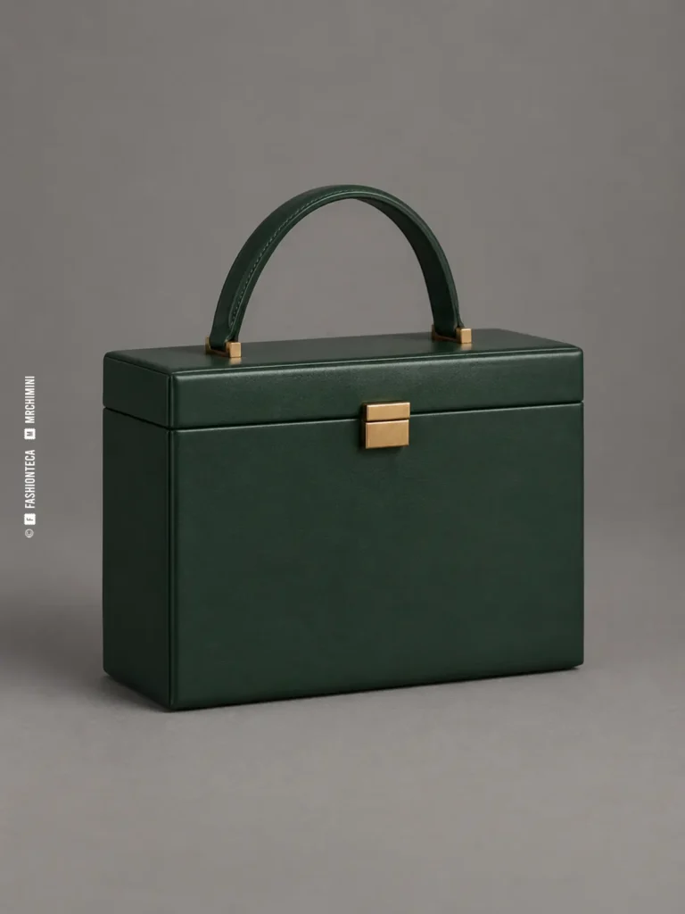 bolso caja verde bosque fotografiado en estudio sobre fondo gris, con cuerpo rectangular duro, tapa y asa