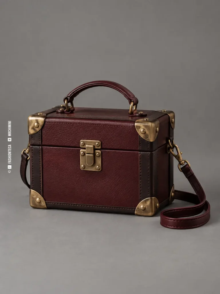 bolso baúl de piel burdeos fotografiado en estudio sobre fondo gris, con bandas, cantoneras, asa y cierre