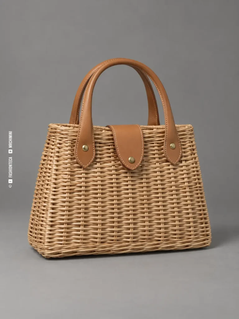 bolso cesta trapezoidal de fibra natural fotografiado en estudio sobre fondo gris, con asas y tapa de piel