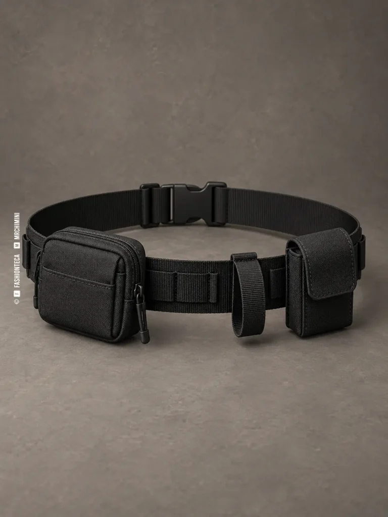 cinturón utilitario negro completo fotografiado en estudio sobre fondo gris con dos bolsillos y una presilla
