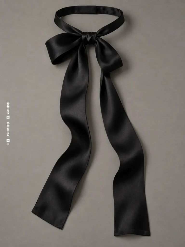 corbata lavallière negra extendida con lazo blando y dos cintas largas sobre fondo gris cálido