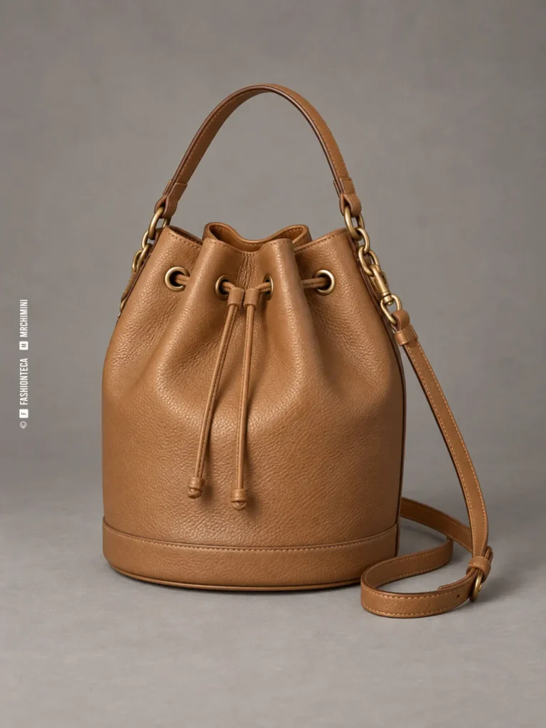 bolso bombonera de piel camel fotografiado en estudio sobre fondo gris, con base circular, ojales y cordón