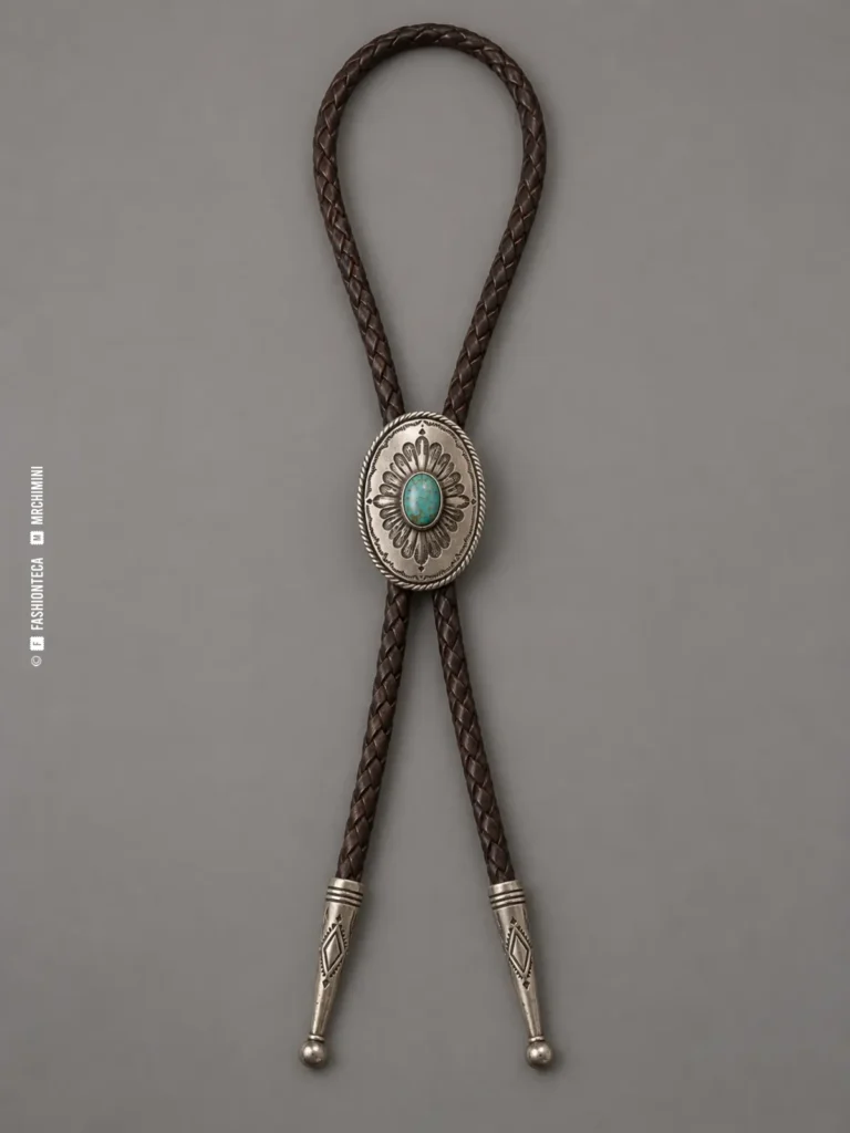 corbata bolo completa con cordón de cuero trenzado, pasador de plata y turquesa y dos terminales sobre fondo gris cálido