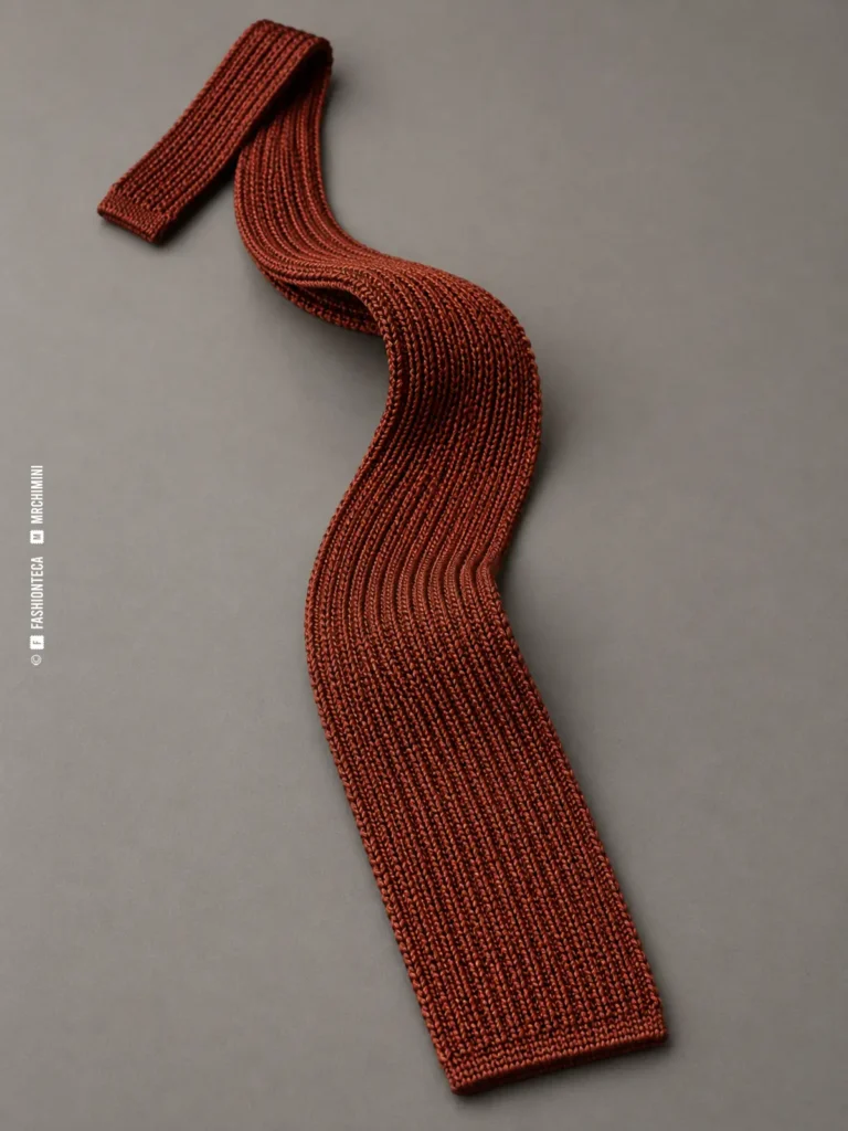 corbata de punto color óxido completa con estructura acanalada y pala recta sobre fondo gris cálido