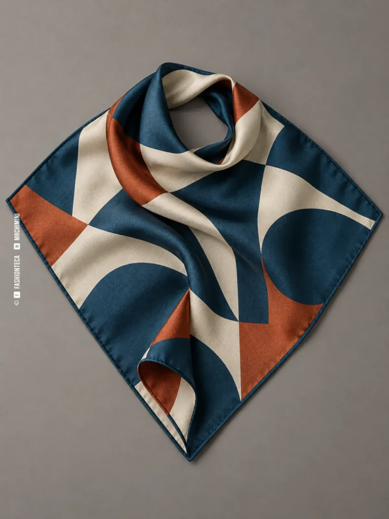 pañuelo de cuello cuadrado de seda con estampado geométrico, parcialmente plegado, sobre fondo gris cálido