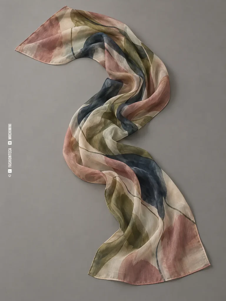 fular rectangular largo de tejido ligero con estampado abstracto, dispuesto en curva sobre fondo gris cálido
