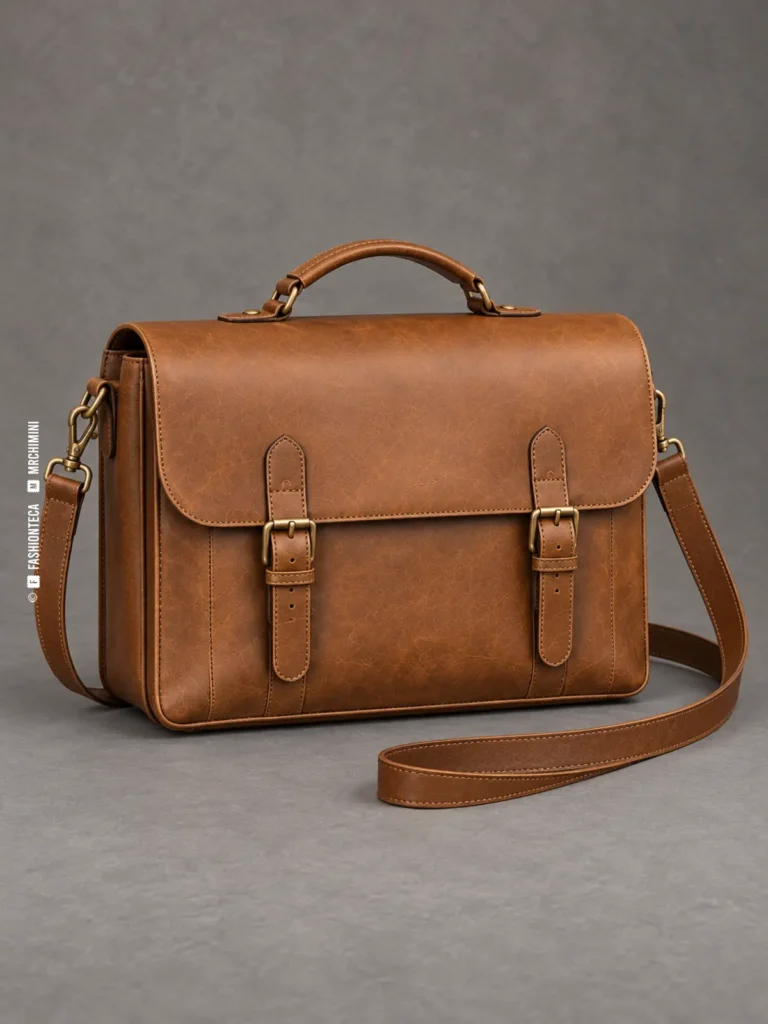 bolso satchel de piel camel fotografiado en estudio sobre fondo gris, con solapa, dos hebillas, asa y correa larga