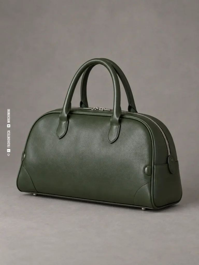 bolso bowling verde oscuro fotografiado en estudio sobre fondo gris, con base alargada, cremallera curva y dos asas