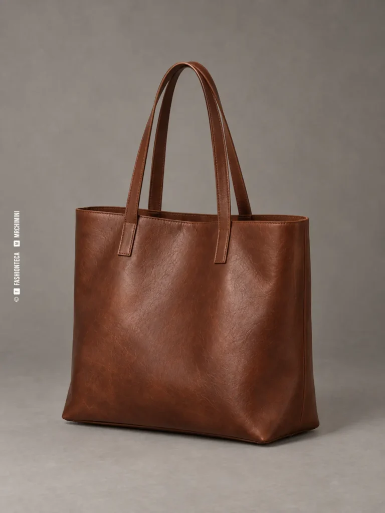 bolso tote de piel color coñac fotografiado en estudio sobre fondo gris, con dos asas y cuerpo abierto