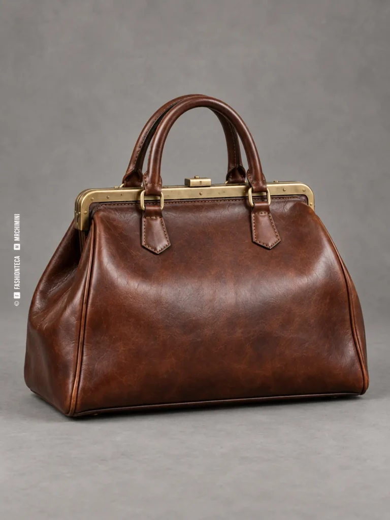 bolso doctor de piel marrón fotografiado en estudio sobre fondo gris, con marco metálico, cierre y dos asas