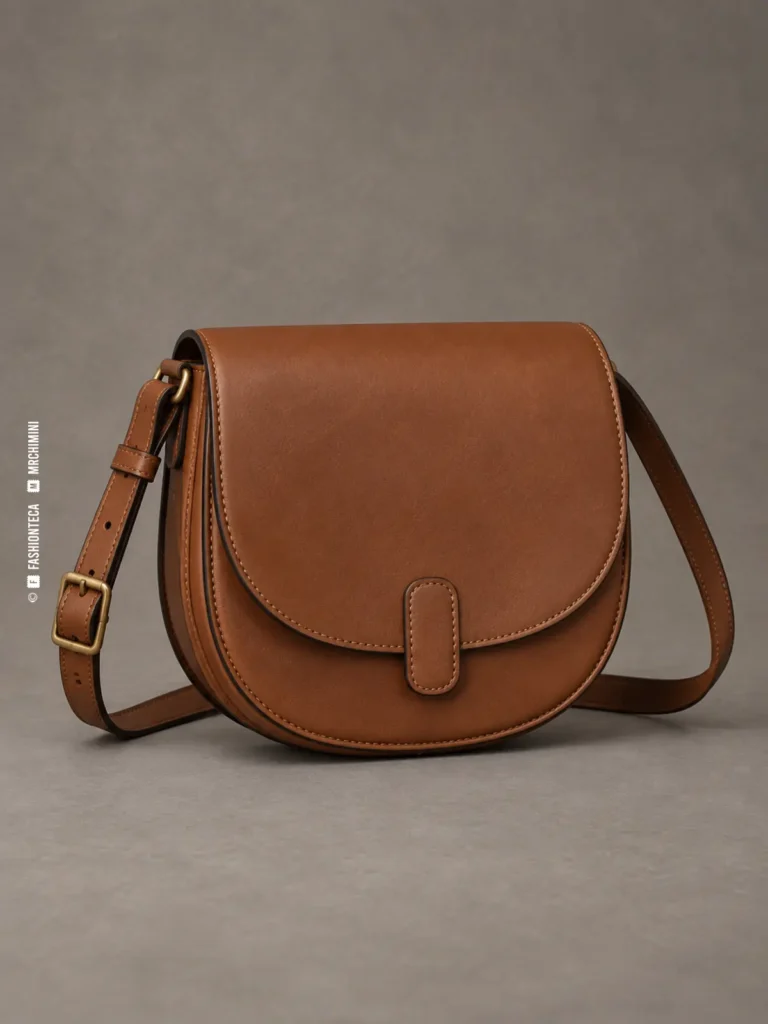 bolso sillín de piel camel fotografiado en estudio sobre fondo gris, con base semicircular, solapa y correa larga