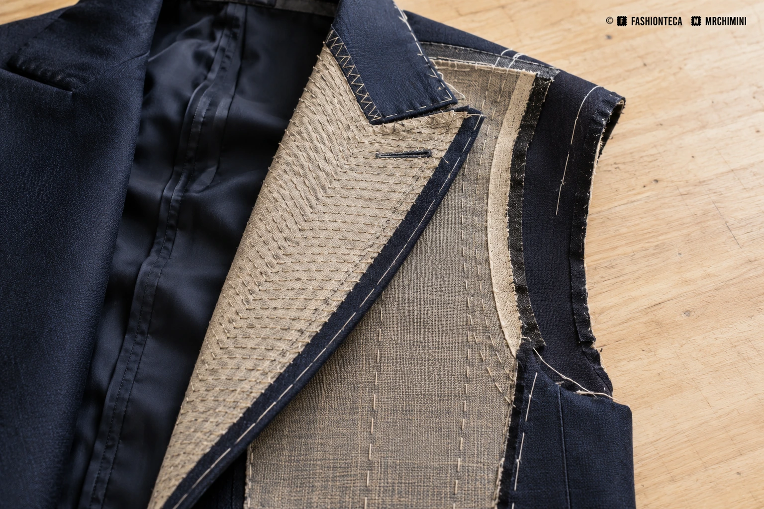 Detalle del interior de una chaqueta con entretela cosida, solapa e hilvanes.