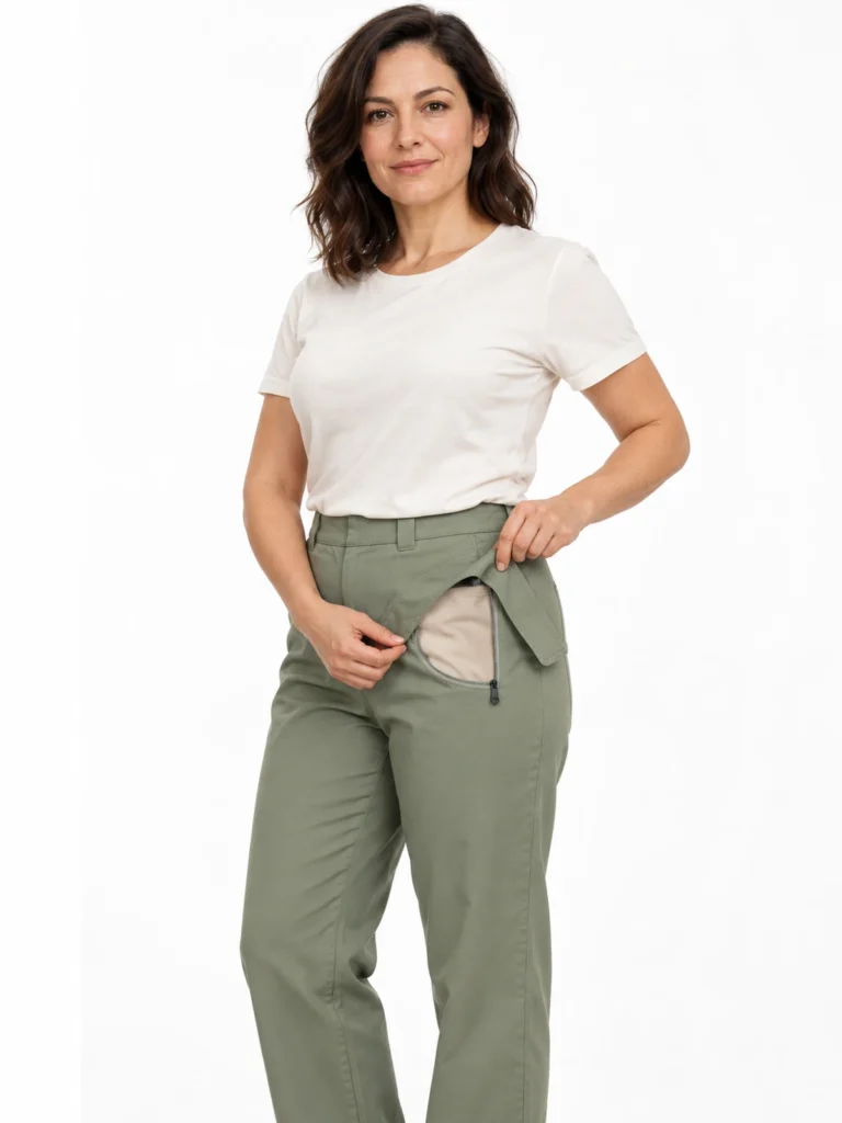 Persona adulta mostrando el panel lateral de acceso de un pantalón verde y su compartimento interior textil, con el cuerpo cubierto.