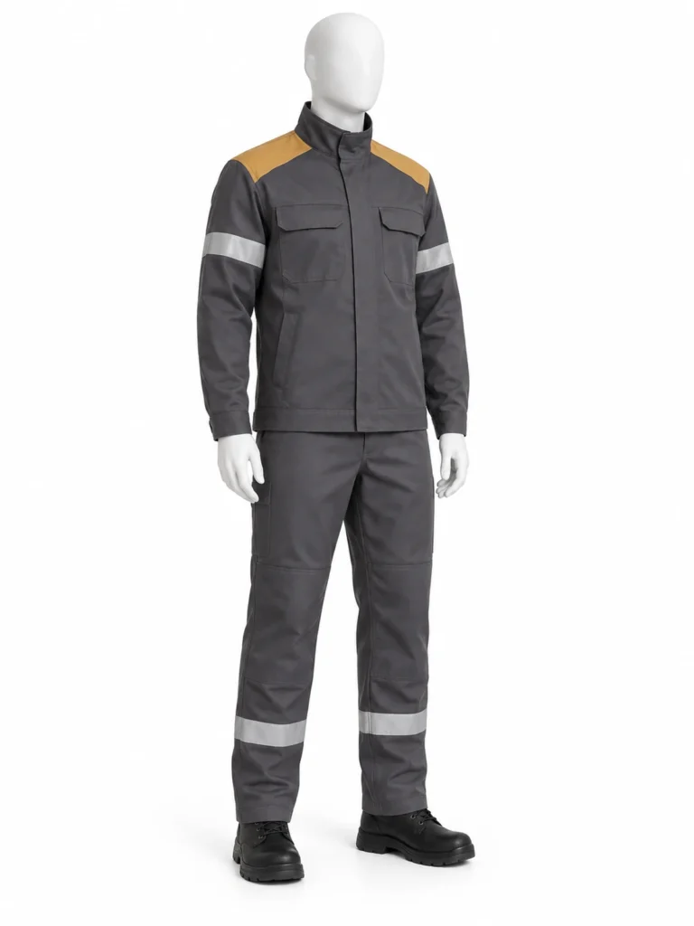 Conjunto ilustrativo de chaqueta y pantalón de protección térmica frente al arco eléctrico sobre maniquí blanco, sin instalación eléctrica ni actividad de riesgo.
