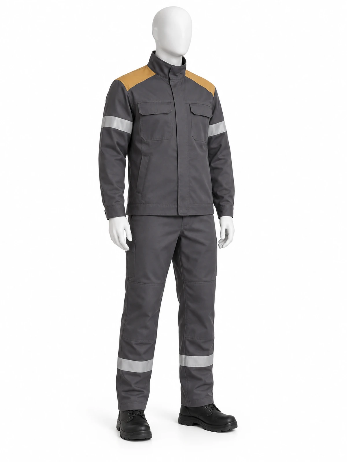 Conjunto ilustrativo de chaqueta y pantalón de protección térmica frente al arco eléctrico sobre maniquí blanco, sin instalación eléctrica ni actividad de riesgo.