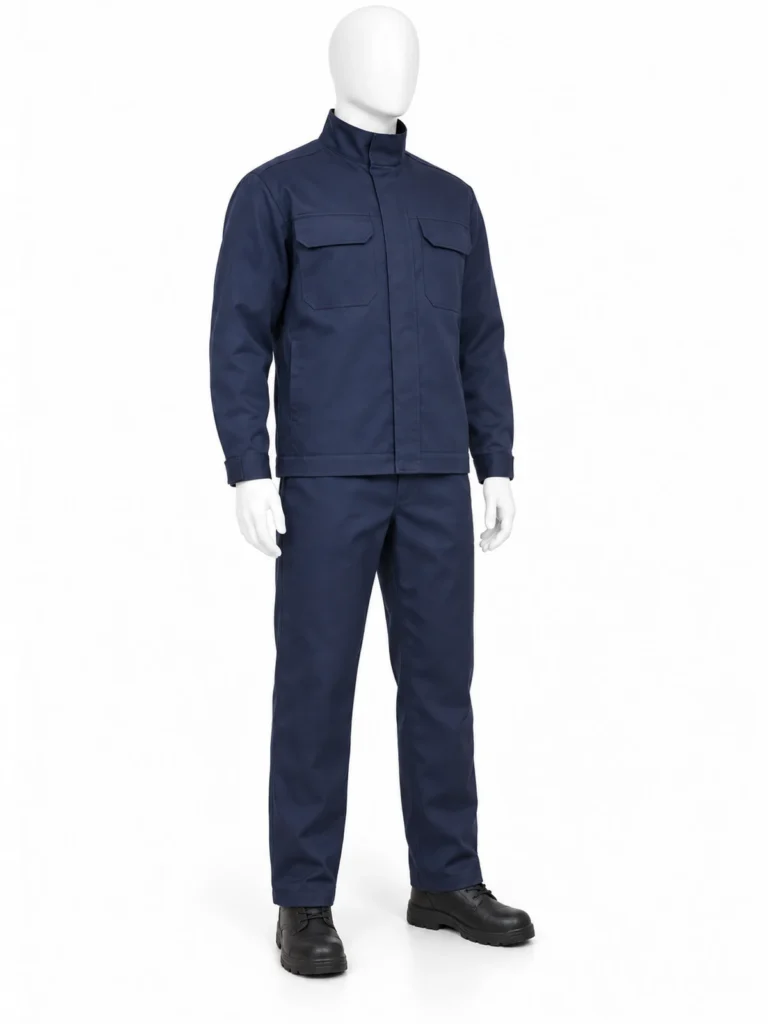 Conjunto ilustrativo de chaqueta y pantalón para soldadura sobre maniquí de estudio, sin herramientas, actividad peligrosa ni marcas de certificación.